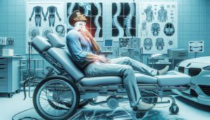 Person with neck pain and stiffness post-car accident, showing whiplash motion, with medical diagrams.