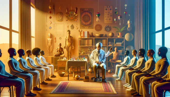 A therapist administers acudetox ear acupuncture to diverse patients in a serene South African rehab center, surrounded by warm lighting and cultural symbols of hope.
