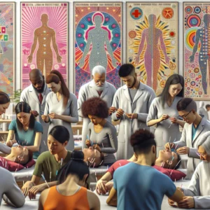 A diverse group of trainees learning Acudetox techniques from an expert acupuncturist, practicing on volunteers amid motivational health posters.