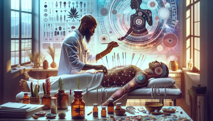 In a Khayelitsha clinic, a traditional healer administers acudetox acupuncture to a patient, blending tribal artifacts, herbs, and modern recovery tools.