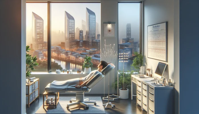 In a serene Cape Town clinic, patient receives Acudetox ear acupuncture with fine needles and soft lighting.