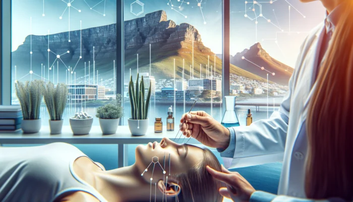 Skilled acupuncturist inserting needles into a patient's ear in a serene Cape Town clinic, with modern tools and Table Mountain views.