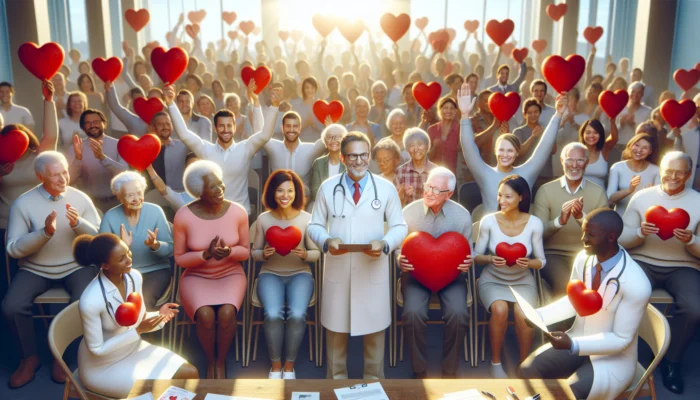 Heart Month event: diverse South African and US participants hold red hearts and health banners, with doctors leading sessions under sunny skies.