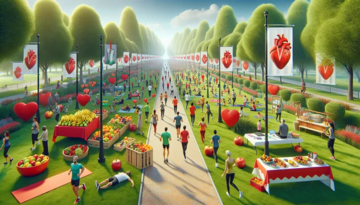 Diverse people jogging and practicing yoga in a bustling park under red heart banners, with nutrition workshops, fresh fruits, and health posters.