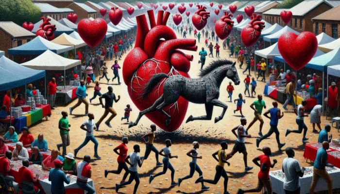 A vibrant Heart Month fair in South Africa, with crowds at booths, educational seminars, red hearts, jogging people, and health banners.