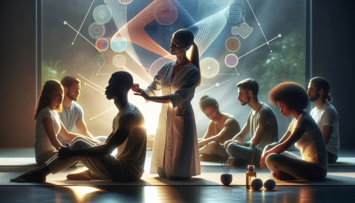 Instructor demonstrates ear acupressure points on volunteer in modern clinic, surrounded by focused practitioners and recovery charts.