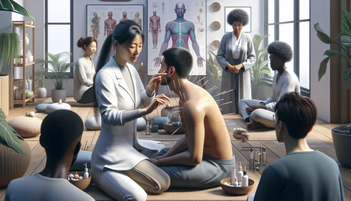 Illustration of acupuncturist inserting needles into patient's ear points during NADA training session, with students, charts, and serene elements.