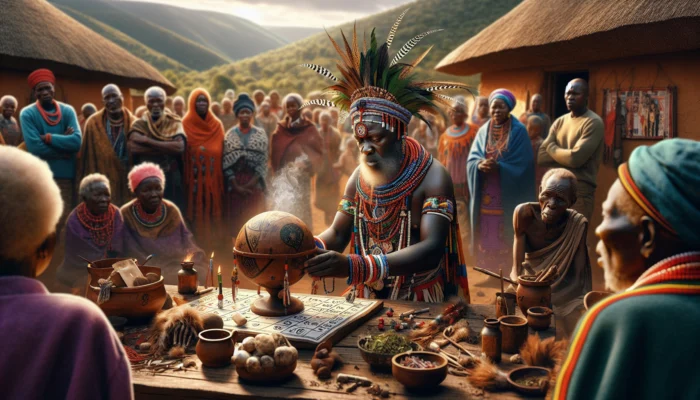 A wise izangoma healer in traditional beads and feathers performs a divination ritual with herbs and symbols, surrounded by South African community members.