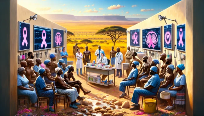Diverse people in a South African rural village hold pink, blue, and white ribbons for breast, prostate, and cervical cancer awareness, with golden savannas and clinics in the background.