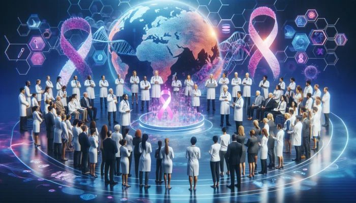 Diverse medical experts on a global stage for World Cancer Day, sharing via holograms, with ribbons, world map, and DNA strands evoking hope and unity.