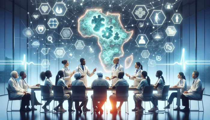 In a vibrant South African oncology clinic, a diverse team reviews research data on screens while providing integrated care to patients.