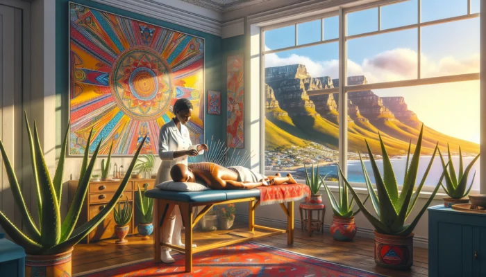 Serene acupuncture session in a South African clinic: practitioner in traditional attire treats patient with needles, surrounded by tribal art, aloe plants, and Table Mountain.