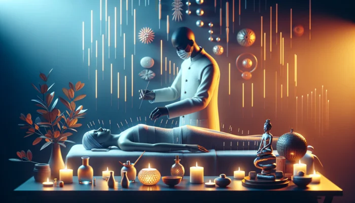 A serene acupuncture session in a Cape Town clinic: a relaxed patient on a table, practitioner inserting customized needles, with soft lighting and candles.