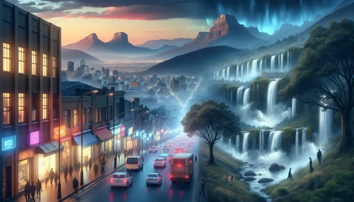 Bustling Johannesburg street at dusk, shrouded in smog from traffic and factories, contrasts with serene Drakensberg Mountains and cascading waterfalls.