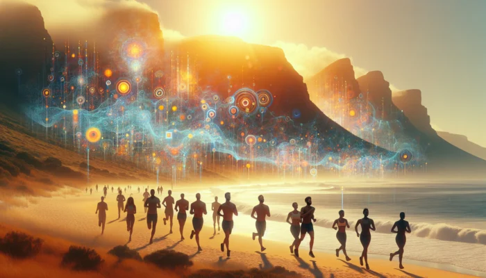 Table Mountain landscape with diverse people jogging on beaches under misty rains and golden sunlight, symbolizing health from negative ions.