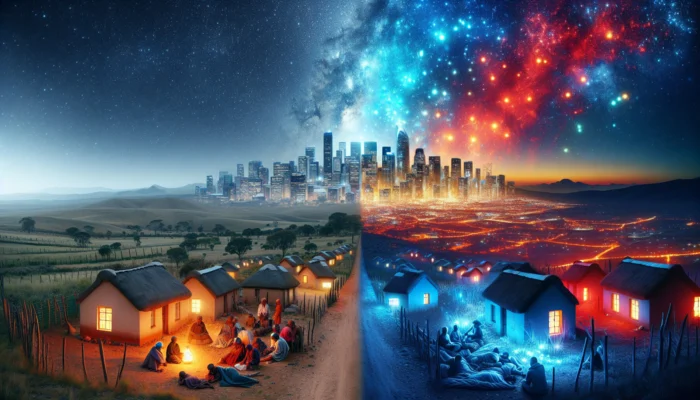 A split scene in South Africa: left, peaceful rural village at night with sleeping people under stars; right, urban skyline with red positive ions in polluted air.