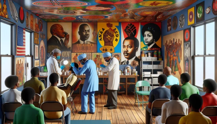 African Americans receiving NADA AcuDetox ear acupuncture in a community clinic, surrounded by civil rights icons and cultural art.