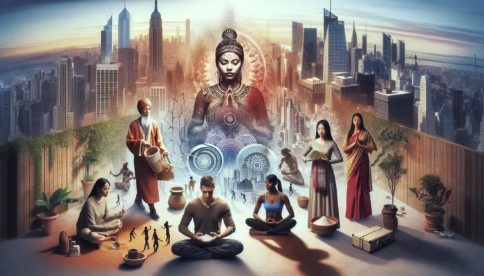 A diverse group in an urban landscape preserves ancestral wellness traditions during Black History Month, amid fading rituals and towering skyscrapers.