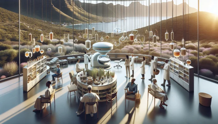 A serene Cape Town clinic blends modern oncology equipment, acupuncture, and herbs, with diverse South African patients and healers fostering holistic cancer care.