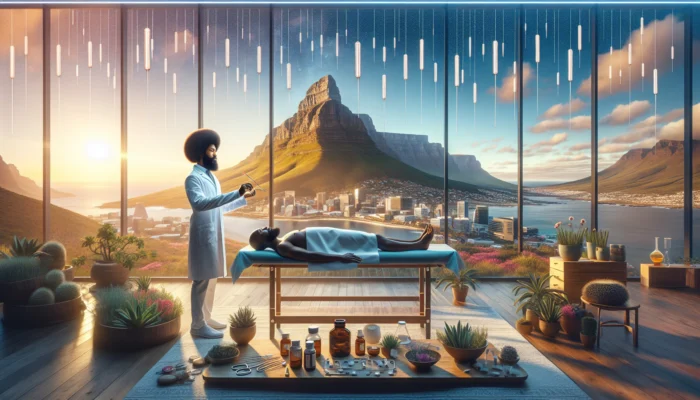 A resilient African cancer patient receiving acupuncture in a serene clinic, surrounded by herbs, tools, and Table Mountain skyline.