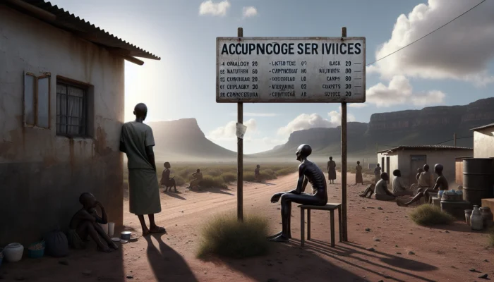 A diverse oncology patient waits outside a weathered clinic in a remote South African village, gazing at a faded acupuncture sign with distant mountains.