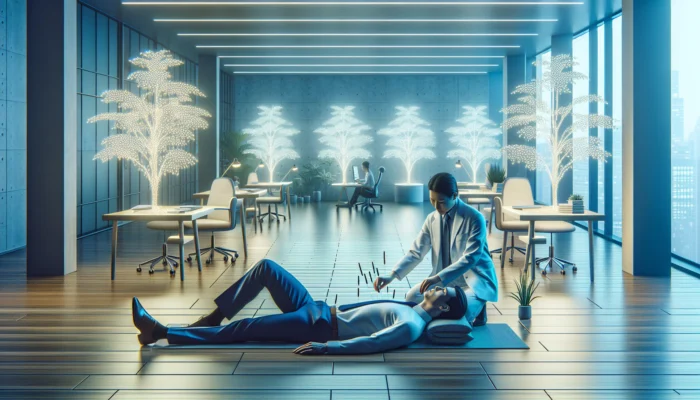 A business professional receiving acupuncture in a serene office with minimalist desks, glowing plants, and soft lighting.