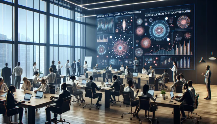 In a modern South African office, executives review digital charts of reduced sick days from acupuncture, with diverse employees in wellness sessions.