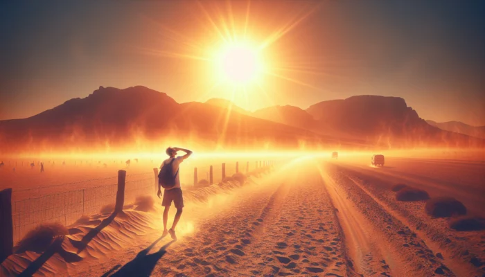 A weary person shielding from the blazing sun in South Africa's arid Karoo, highlighting dehydration and the need for shade.
