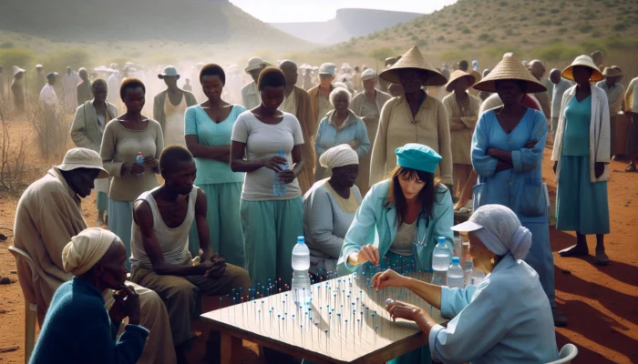 Outdoor workshop in South Africa's Highveld: diverse group in light clothing sipping water, acupuncturist demonstrating therapy under the sun.