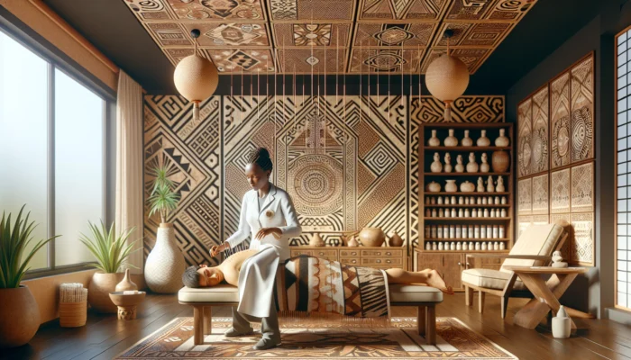 A serene acupuncture session in a Pretoria clinic, with a practitioner using traditional needles amid tribal patterns for holistic stress relief.