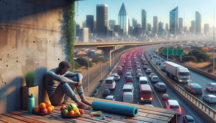 A weary urban worker slumps on a bench in a bustling South African city, surrounded by traffic and skyscrapers, with a yoga mat and fresh fruits nearby.