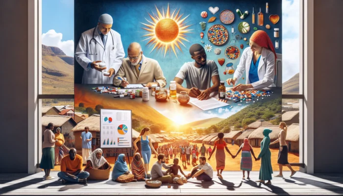South African village scene: doctor prescribing medications, traditional healer preparing herbs, outdoor group therapy, families embracing in sunshine.