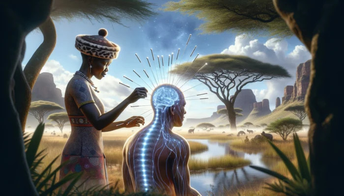 A traditional South African healer performs acupuncture on a patient's head in a savanna, with glowing needles and illuminated brain waves symbolizing enhanced focus and anxiety relief.