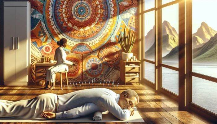 A serene acupuncture session in a Durban clinic: a middle-aged South African patient receiving gentle needle treatments on their back, with warm sunlight and vibrant African art.