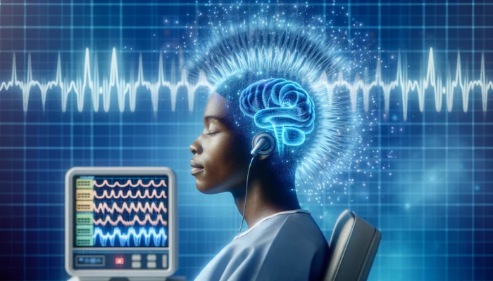 A serene patient in a modern South African clinic receiving acupuncture, with blue alpha waves radiating from their head and an EEG machine displaying rhythmic patterns.