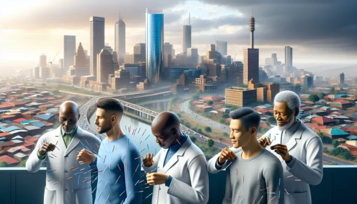 A diverse group of South Africans in a modern Johannesburg clinic receiving acupuncture, with relaxed faces and vibrant city views.
