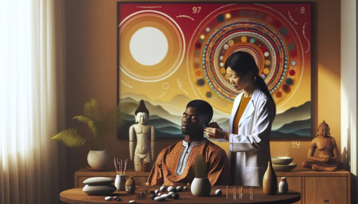 A practitioner administers Nada Acudetox ear acupuncture in a serene Johannesburg clinic, surrounded by vibrant African art and natural light, symbolizing recovery.