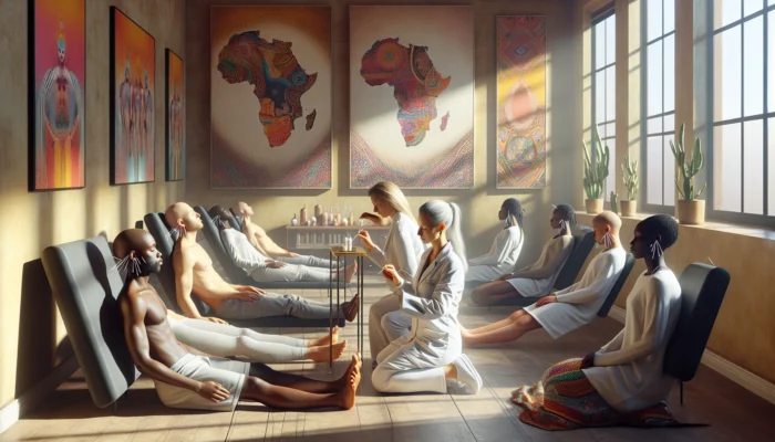 A diverse group receives Nada Acudetox ear acupuncture in a serene South African clinic, surrounded by vibrant art and soft sunlight.