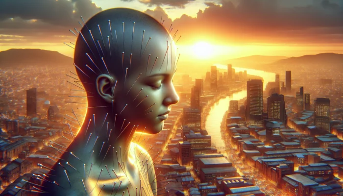 Serene person in Johannesburg practicing Nada Acudetox ear acupuncture, needles in ears, calm face amid bustling streets at golden sunset.