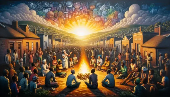 A diverse group gathers around a fire in a South African township at dusk, sharing stories and affirmations to build self-esteem and cultural resilience.