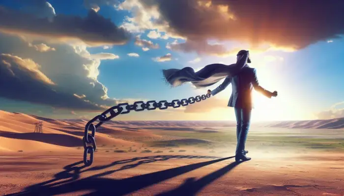 A confident person breaking free from shadowy chains in a sunlit landscape, symbolizing self-esteem and personal freedom.