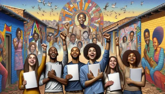 Diverse group in Soweto, South Africa, at a self-esteem workshop, holding journals and charts, showing confident and joyful expressions amid vibrant murals of freedom and growth.