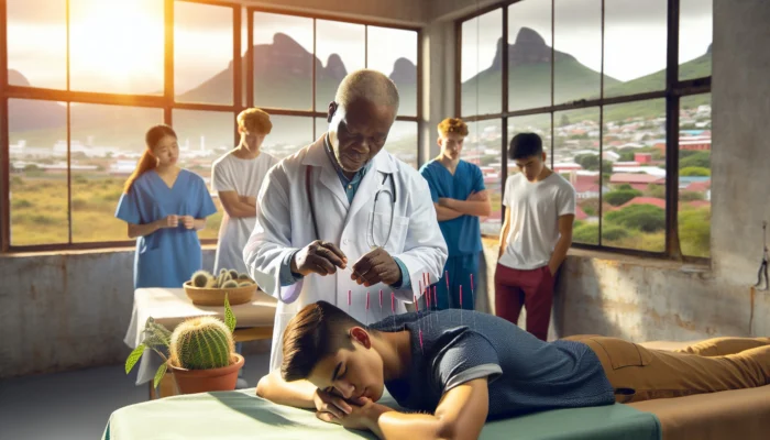 A healthcare practitioner performs NADA acupuncture on a patient in a South African rehab center, with trainees observing under warm sunlight in rural and urban surroundings.