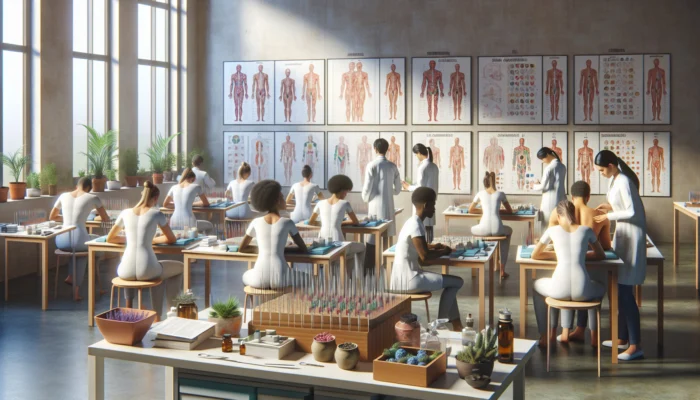 A bustling NADA acupuncture training in a modern South African clinic, with diverse workers practicing on models, surrounded by charts, herbs, and sunlight.