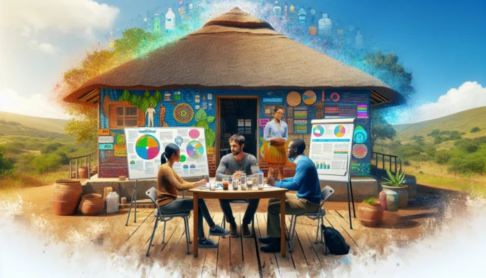 Diverse healthcare practitioners in a thatched hall in rural South Africa, brainstorming NADA training solutions with community members.