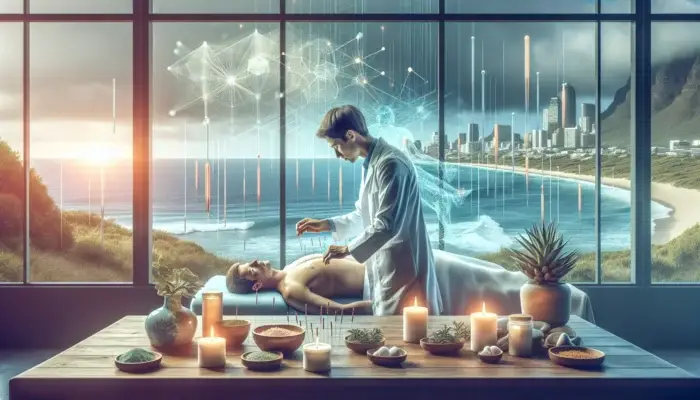 A skilled acupuncturist gently inserts needles into a relaxed patient, surrounded by candles, herbs, and ocean views in Cape Town.
