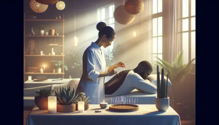 A serene acupuncture session in a Cape Town clinic, with a practitioner inserting needles into a relaxed patient's back, amid soft lighting and plants.