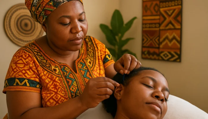 A practitioner in a South African clinic inserts auricular acupuncture needles into a patient's ear for vagus nerve relaxation.