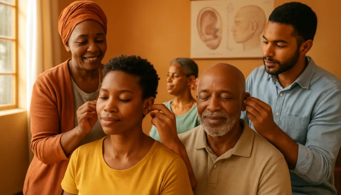 Diverse South Africans in a workshop applying ear acupuncture, with serene faces and educational charts in sunlit surroundings.