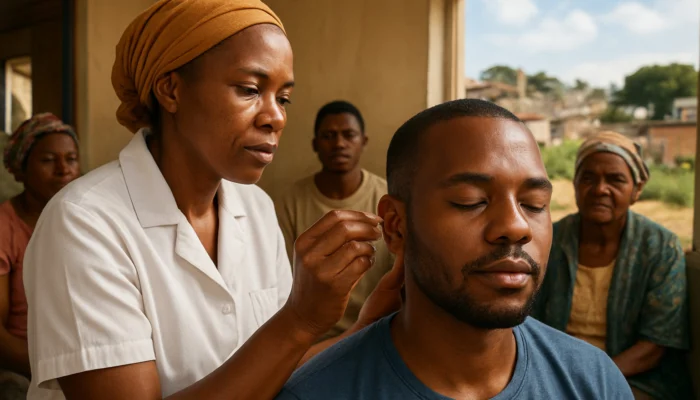Healer performs auricular acupuncture on relaxed patient in South African clinic, blending traditional needles and modern tools for stress relief.